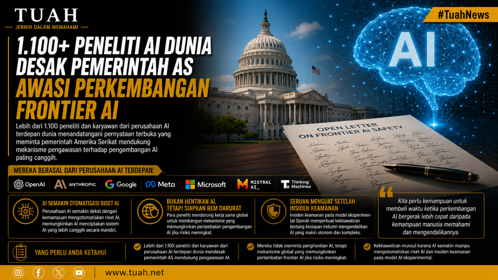Lebih dari 1.100 Peneliti OpenAI, Google, dan Anthropic Minta Pemerintah AS Siapkan Mekanisme Perlambat AI Canggih