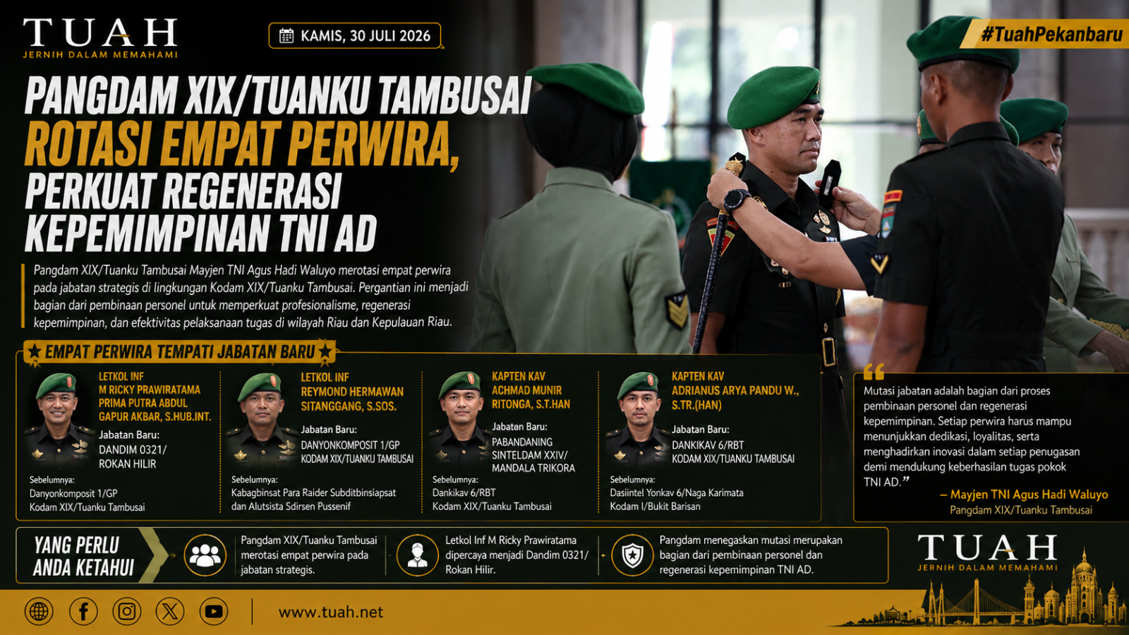 Pangdam XIX/Tuanku Tambusai Rotasi Empat Perwira, Perkuat Regenerasi Kepemimpinan TNI AD