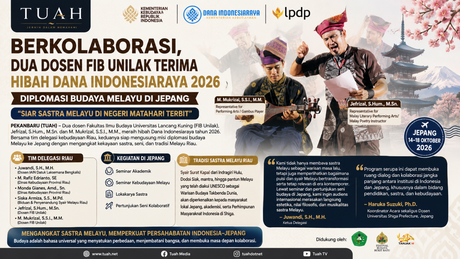 Dua Dosen FIB Unilak Raih Hibah Dana Indonesiaraya 2026, Bawa Sastra Melayu Riau ke Jepang