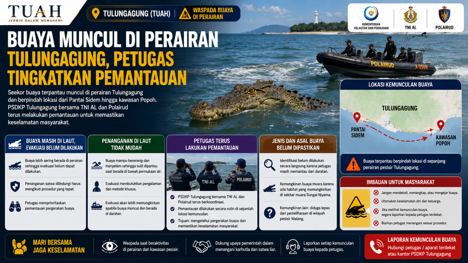 Buaya Muncul di Perairan Tulungagung, PSDKP Perketat Pemantauan hingga Pantai Popoh