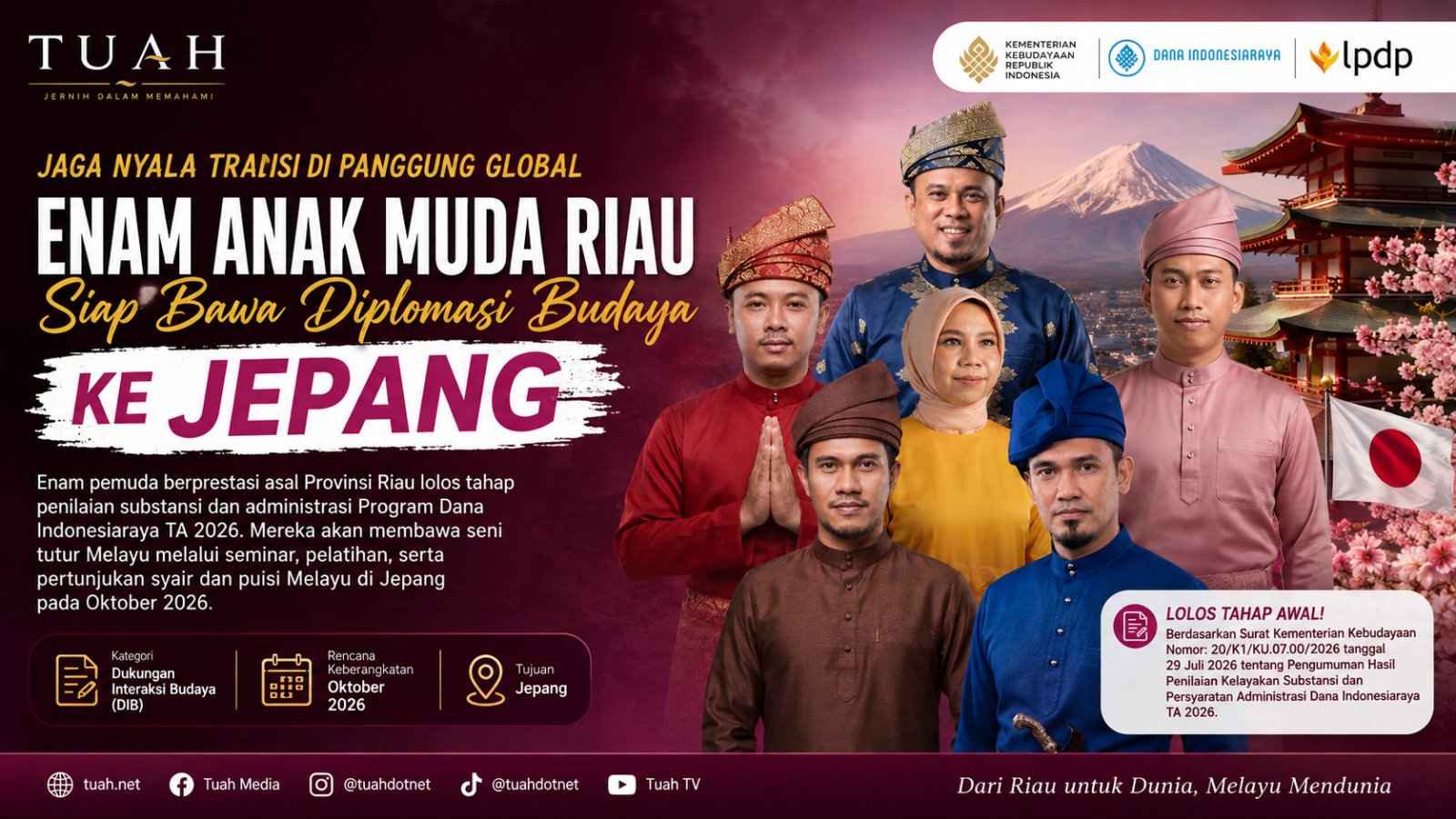 Jaga Nyala Tradisi di Panggung Global, Enam Anak Muda Riau Siap Bawa Diplomasi Budaya Melayu ke Jepang