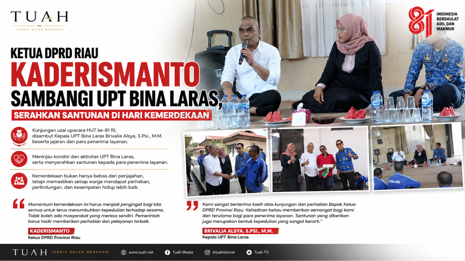 Ketua DPRD Riau Kaderismanto Sambangi UPT Bina Laras, Serahkan Santunan di Hari Kemerdekaan